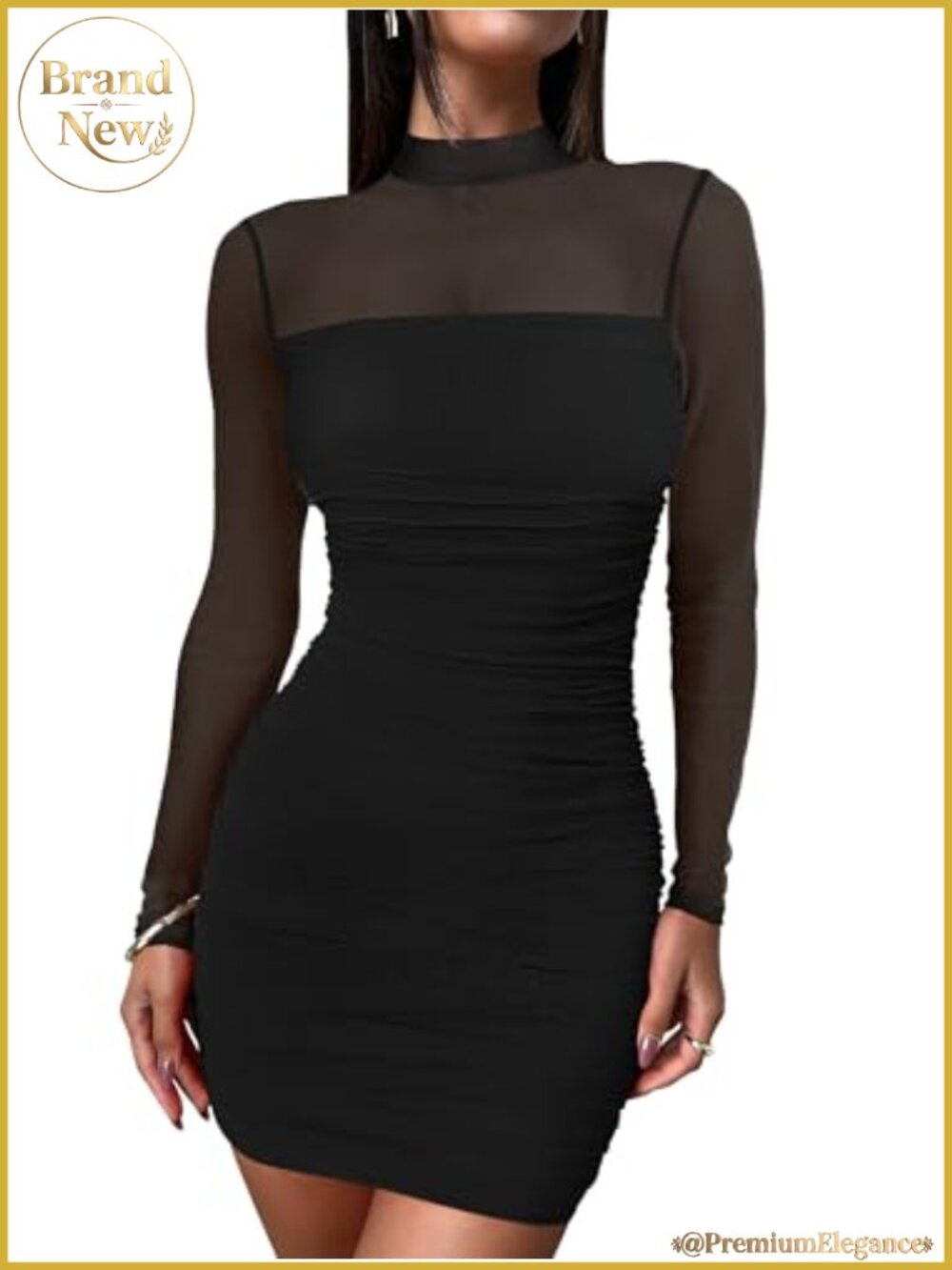 Womens Mesh Long Sleeve Mock Neck Bodycon Mini Dress Sexy Club Party
